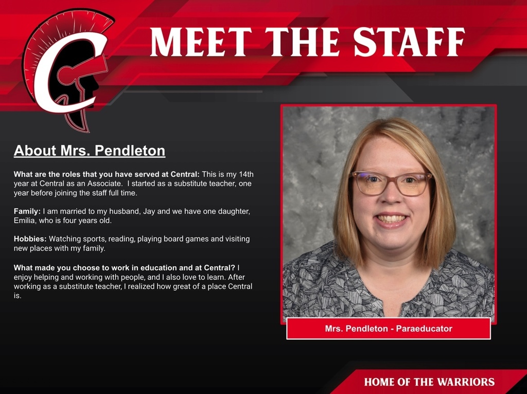The past few years we have put a heavy emphasis on building stronger relationships at Central. Our next step in doing so is to tell you a little about ourselves! Each week you will see posts highlighting a team member. Feel free to comment to tell us what we have in common!  Please be sure to say hello to Mrs. Pendleton!
